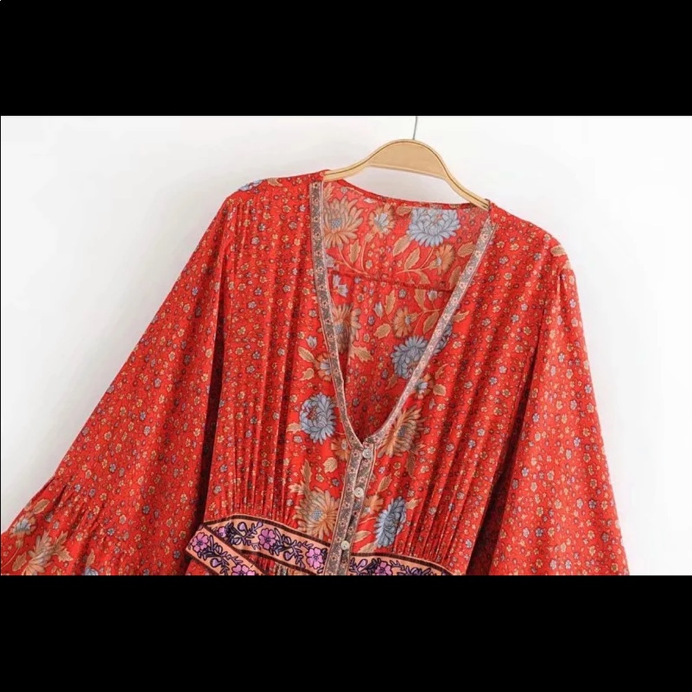 Red Boho Floral Gypsy Print Maxi Dress Kimono - Picture 8 of 11